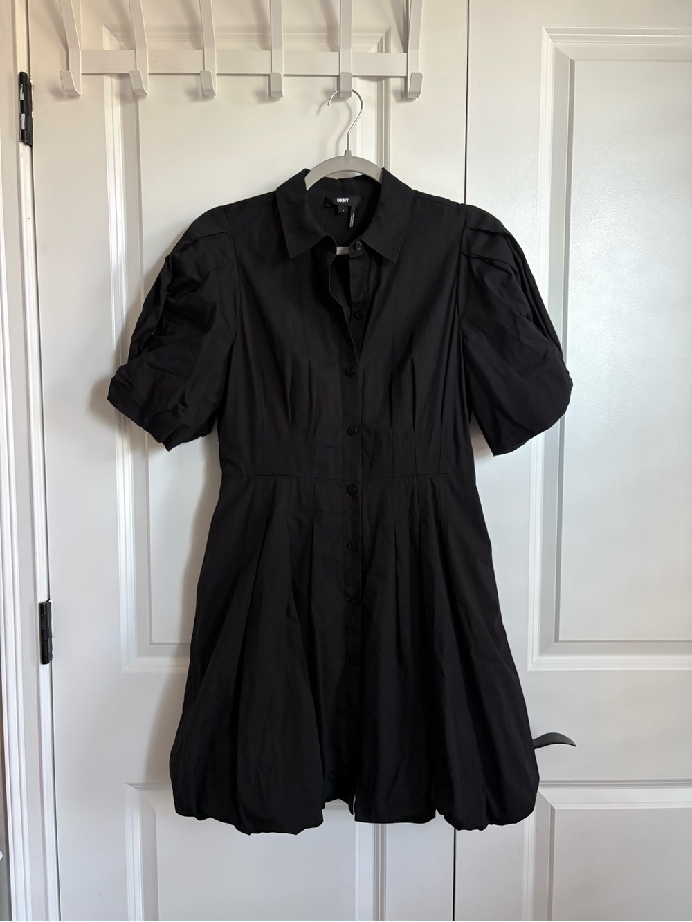 DKNY Black Puff-Sleeve Mini Button-up Shirt Dress